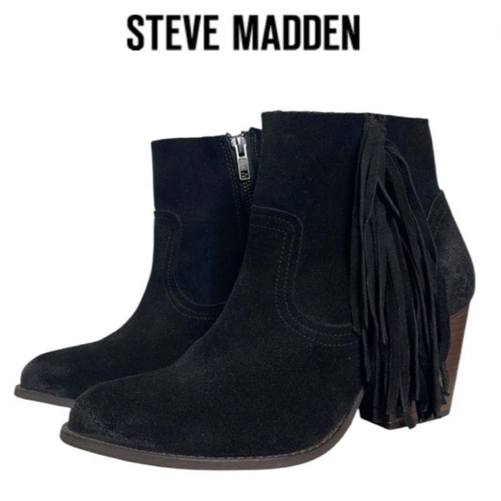 STEVE MADDEN FAULKNER BLACK SUEDE WESTERN FRINGED HEELED ANKLE BOOTS **NWOT**